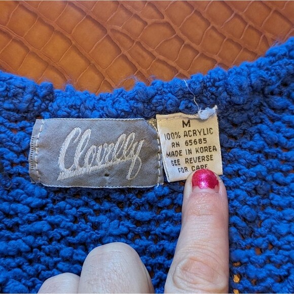 Clovelly 80s Vtg Blue Chunky V-Neck Sweater Tee Shoulder Pads Size Medium - Picture 7 of 9